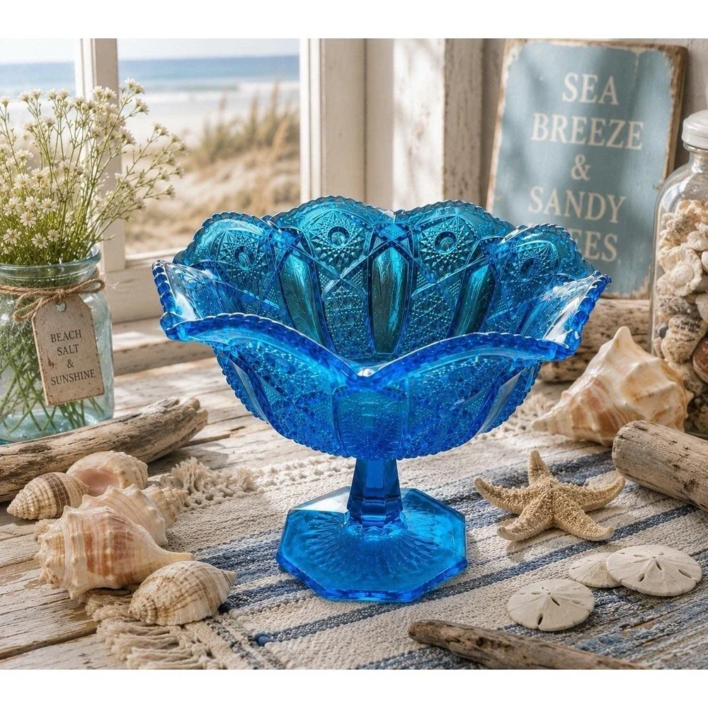 L E Smith Heritage Quintec Blue Stemmed Footed Compote Dish Bowl Cottage Core